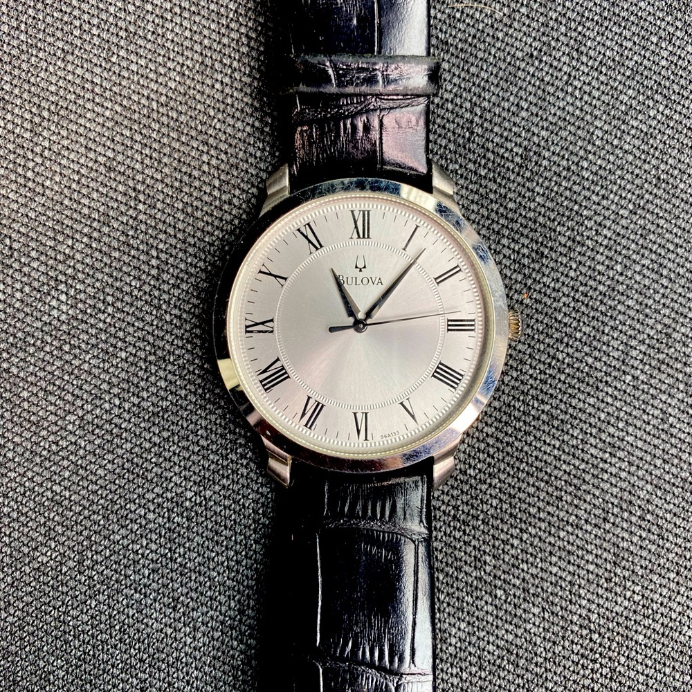 Bulova Men's Leather Starp Analog Silver Dial Quartz Wrist Watch
